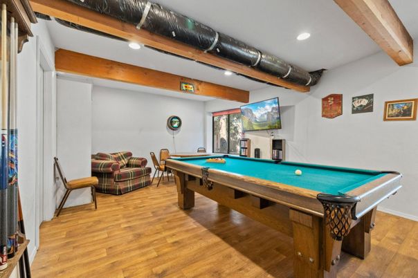 Billiard Table, Game Room, Interior, Recessed Lighting, Wooden Beams, Wood Texture Flooring