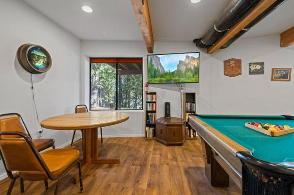 Billiard Table, Game Room, Interior, Recessed Lighting, Wooden Beams, Wood Texture Flooring