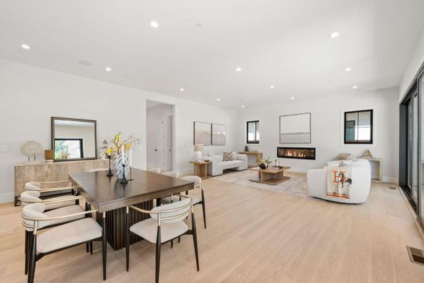 Dining room, Fireplace, Interior, Living room, Recessed Lighting, Wood Texture Flooring