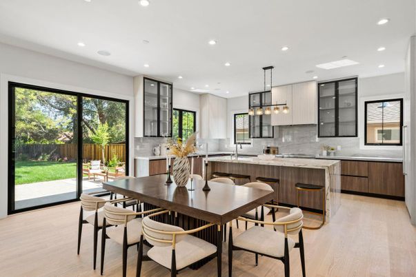 Dining room, Interior, Kitchen, Pendant Lights, Recessed Lighting, Wood Texture Flooring
