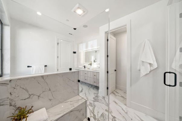 Bathroom, Glass Shower, Interior, Marble, Marble Walls, Recessed Lighting