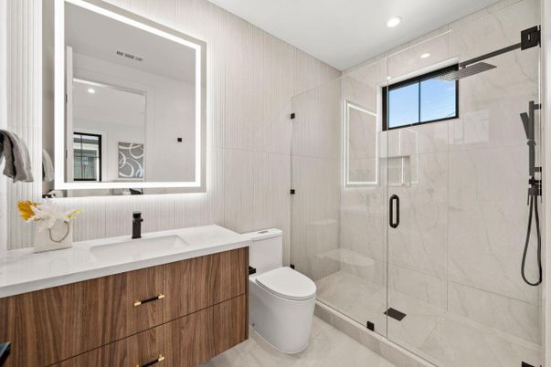 Bathroom, Glass Shower, Interior, Marble Walls, Recessed Lighting