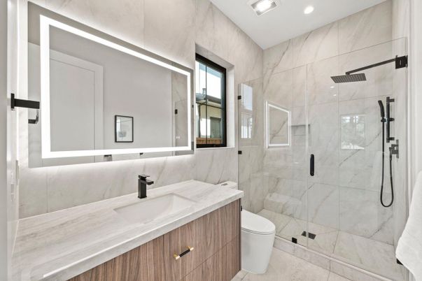Bathroom, Glass Shower, Interior, Marble Walls, Recessed Lighting