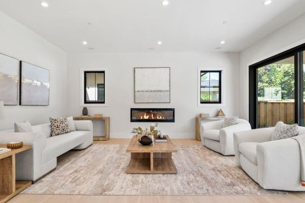 Fireplace, Interior, Living room, Recessed Lighting, Wood Texture Flooring