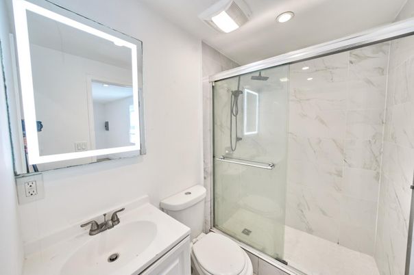 Bathroom, Glass Shower, Interior, Marble Walls, Recessed Lighting