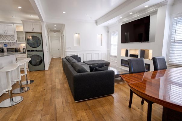 Dining room, Interior, Kitchen, Living room, Recessed Lighting, Stainless Steel Appliances, Wood Texture Flooring
