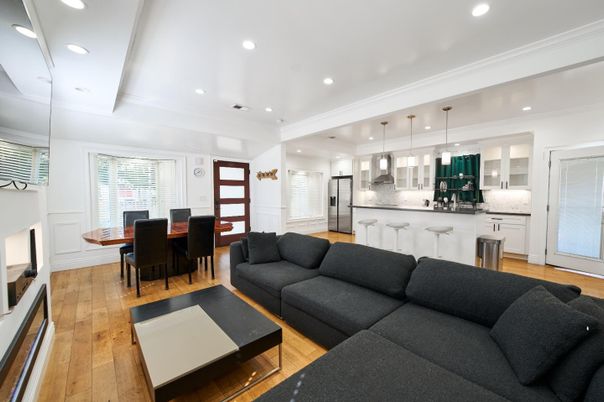 Dining room, Interior, Kitchen, Living room, Pendant Lights, Recessed Lighting, Stainless Steel Appliances, Wood Texture Flooring