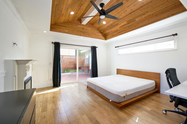 Bedroom, Fireplace, Interior, Recessed Lighting, Wooden Ceilings, Wood Texture Flooring