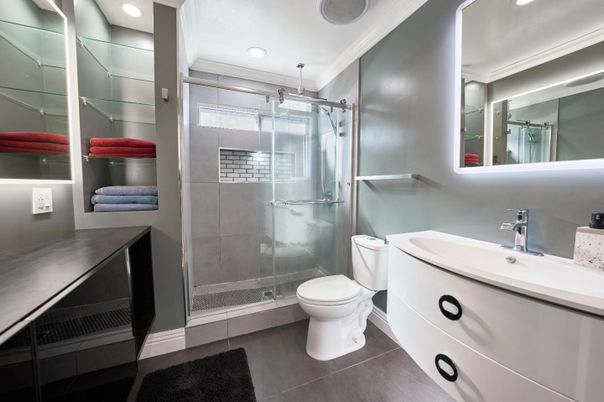 Bathroom, Glass Shower, Interior, Recessed Lighting
