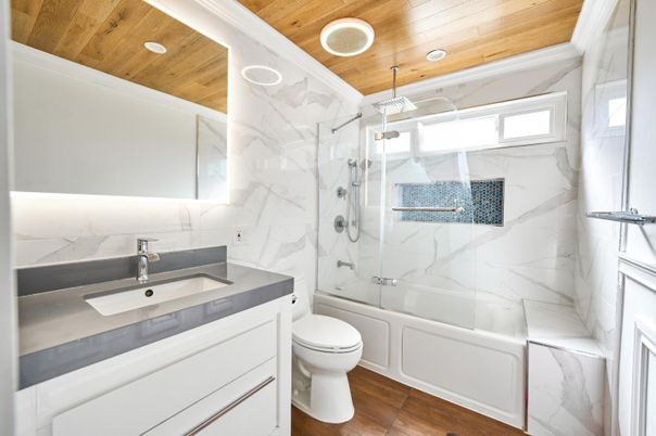 Bathroom, Glass Shower, Interior, Marble Walls, Recessed Lighting, Wooden Ceilings, Wood Texture Flooring