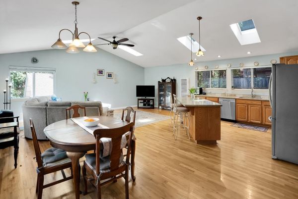 Dining room, Interior, Kitchen, Pendant Lights, Recessed Lighting, Wood Texture Flooring