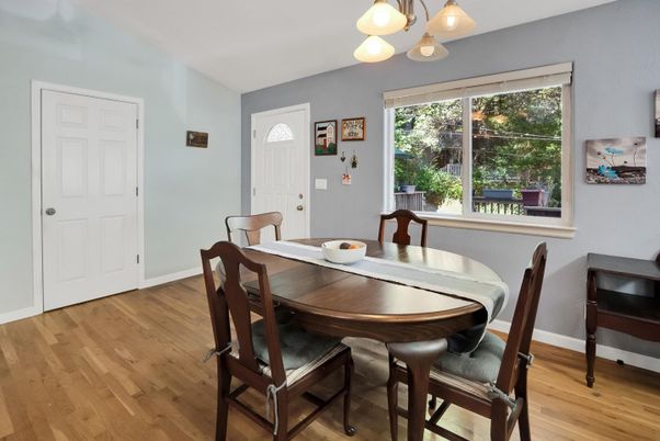 Dining room, Interior, Pendant Lights, Wood Texture Flooring