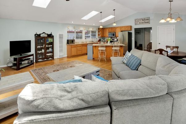 Interior, Kitchen, Living room, Pendant Lights, Recessed Lighting, Stainless Steel Appliances, Wood Texture Flooring