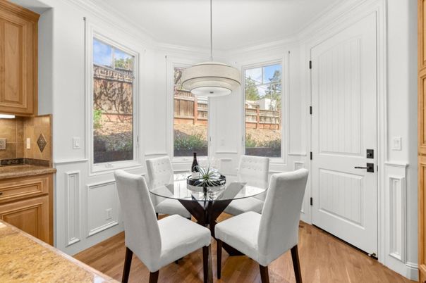 Dining room, Interior, Pendant Lights, Wood Texture Flooring