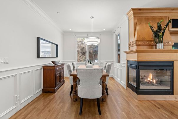Dining room, Fireplace, Interior, Pendant Lights, Recessed Lighting, Wood Texture Flooring