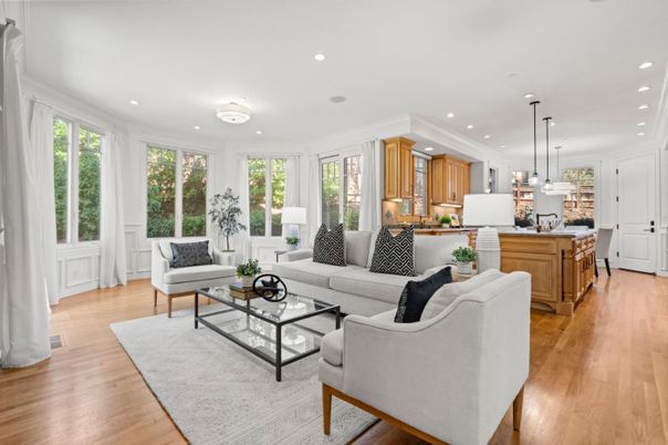 Interior, Kitchen, Living room, Pendant Lights, Recessed Lighting, Wood Texture Flooring