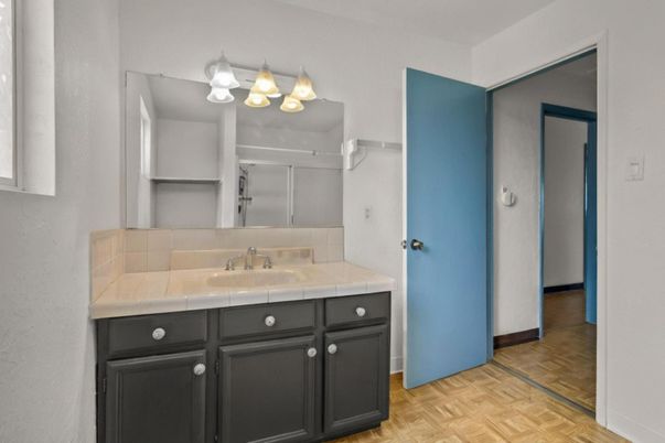 Bathroom, Interior, Tile Countertops, Wood Texture Flooring