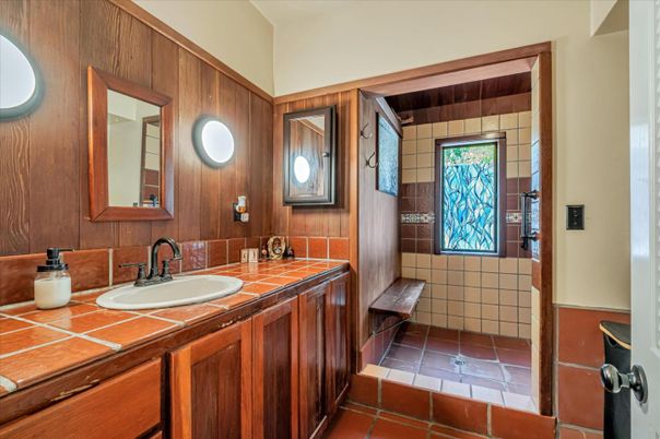 Bathroom, Dual Sink Vanities, Interior, Tile Countertops, Wooden Walls