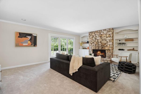 Fireplace, Interior, Living room, Recessed Lighting, Stone Walls