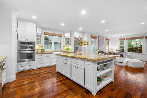 Interior, Kitchen, Living room, Recessed Lighting, Stainless Steel Appliances, Wood Texture Flooring