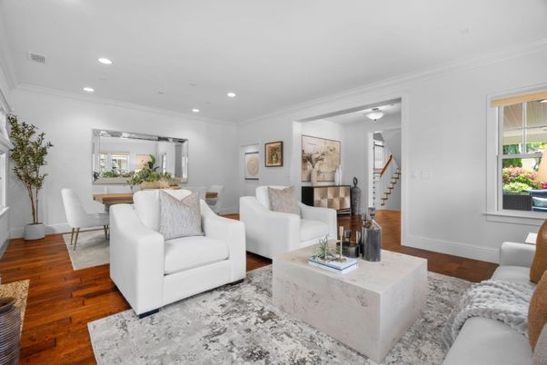 Dining room, Interior, Living room, Recessed Lighting, Wood Texture Flooring