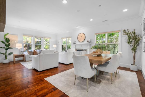 Dining room, Fireplace, Interior, Living room, Recessed Lighting, Wood Texture Flooring