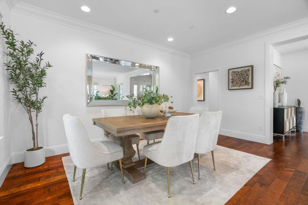 Dining room, Interior, Recessed Lighting, Wood Texture Flooring