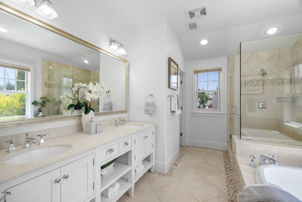 Bathroom, Dual Sink Vanities, Glass Shower, Interior, Recessed Lighting