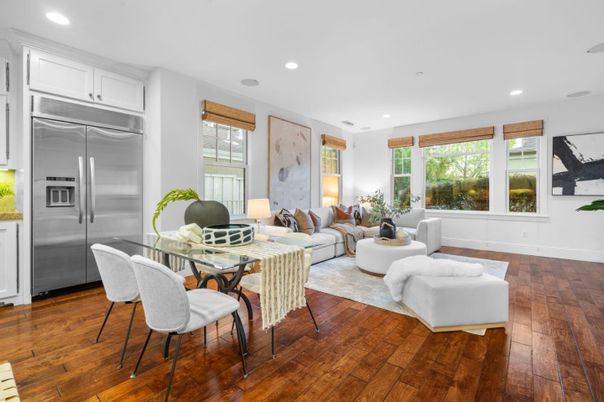 Dining room, Interior, Kitchen, Living room, Recessed Lighting, Stainless Steel Appliances, Wood Texture Flooring