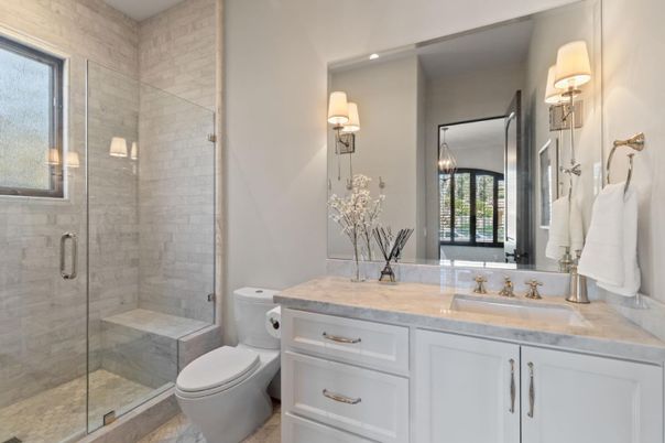 Bathroom, Glass Shower, Interior, Recessed Lighting
