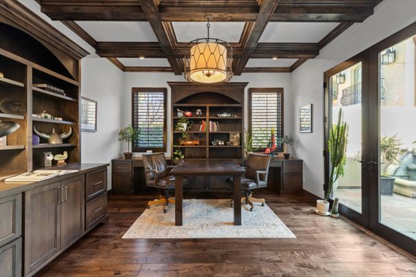 Home Office, Interior, Pendant Lights, Wooden Beams, Wood Texture Flooring