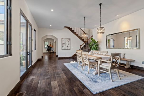Dining room, Interior, Pendant Lights, Recessed Lighting, Wood Texture Flooring