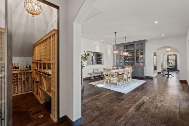 Chandelier, Dining room, Interior, Pendant Lights, Recessed Lighting, Wine Storage, Wood Texture Flooring
