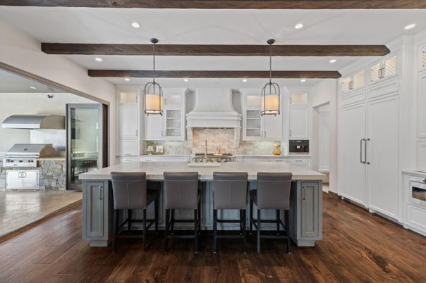 Interior, Kitchen, Pendant Lights, Recessed Lighting, Stainless Steel Appliances, Wooden Beams, Wood Texture Flooring