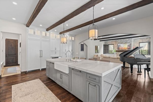 Interior, Kitchen, Living room, Pendant Lights, Piano, Recessed Lighting, Wooden Beams, Wood Texture Flooring