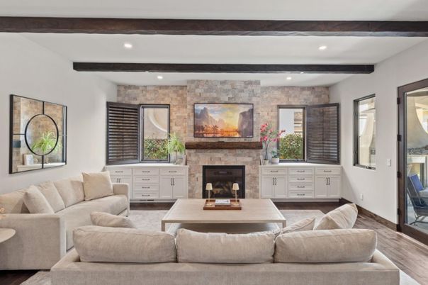 Fireplace, Interior, Living room, Recessed Lighting, Stone Walls, Wooden Beams, Wood Texture Flooring