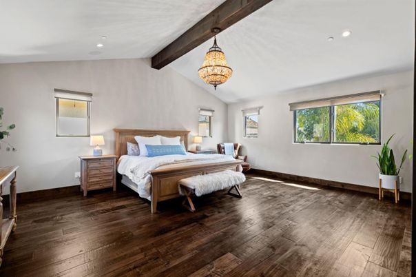 Bedroom, Chandelier, Interior, Recessed Lighting, Wooden Beams, Wood Texture Flooring