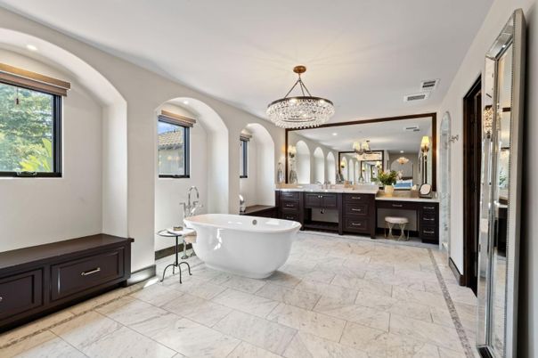 Bathroom, Chandelier, Dual Sink Vanities, Free Standing Baths, Interior, Marble, Recessed Lighting