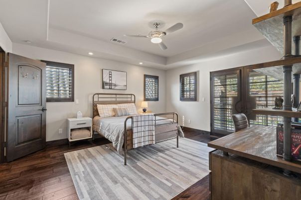 Bedroom, Interior, Recessed Lighting, Wood Texture Flooring
