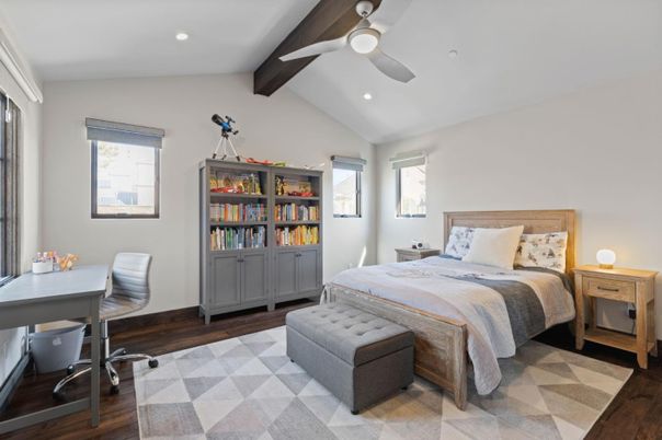 Bedroom, Home Office, Interior, Recessed Lighting, Wooden Beams, Wood Texture Flooring