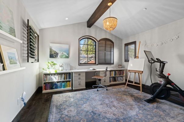 Chandelier, Fitness Equipment, Home Office, Interior, Recessed Lighting, Wooden Beams, Wood Texture Flooring
