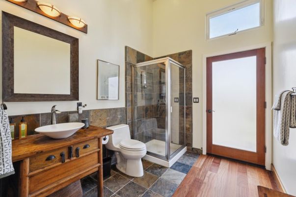 Bathroom, Glass Shower, Interior, Wood Texture Flooring