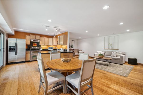 Dining room, Interior, Kitchen, Living room, Recessed Lighting, Stainless Steel Appliances, Wood Texture Flooring
