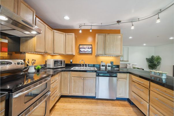 Interior, Kitchen, Recessed Lighting, Stainless Steel Appliances, Wood Texture Flooring