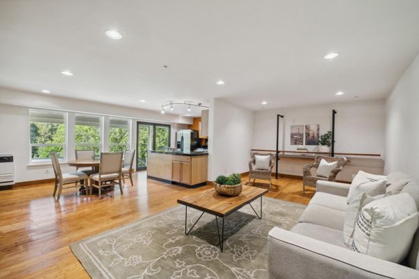 Dining room, Interior, Kitchen, Living room, Recessed Lighting, Wood Texture Flooring