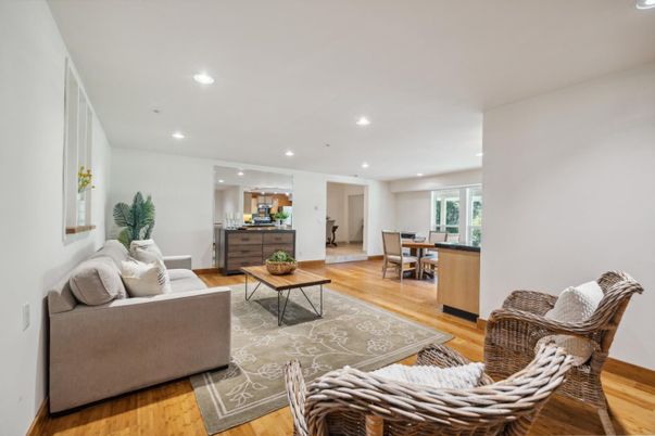 Dining room, Interior, Living room, Recessed Lighting, Wood Texture Flooring