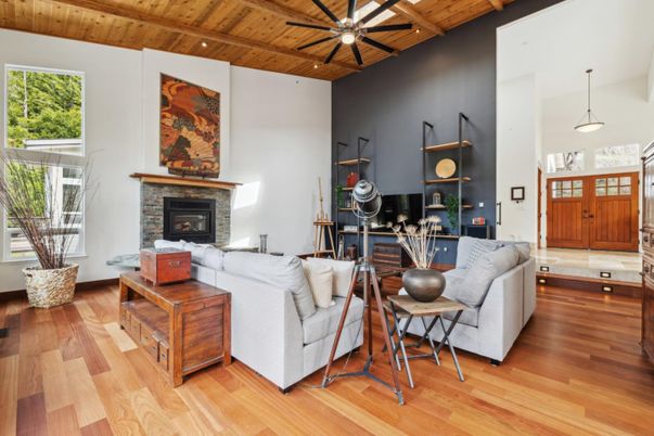 Fireplace, Interior, Living room, Pendant Lights, Recessed Lighting, Wooden Beams, Wooden Ceilings, Wood Texture Flooring