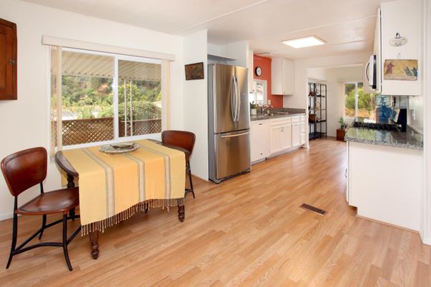 Dining room, Interior, Kitchen, Stainless Steel Appliances, Wood Texture Flooring