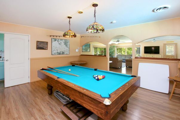 Billiard Table, Game Room, Interior, Pendant Lights, Wood Texture Flooring