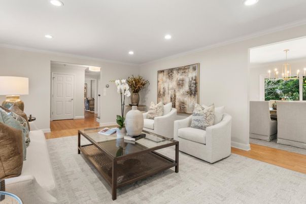 Dining room, Interior, Living room, Recessed Lighting, Wood Texture Flooring